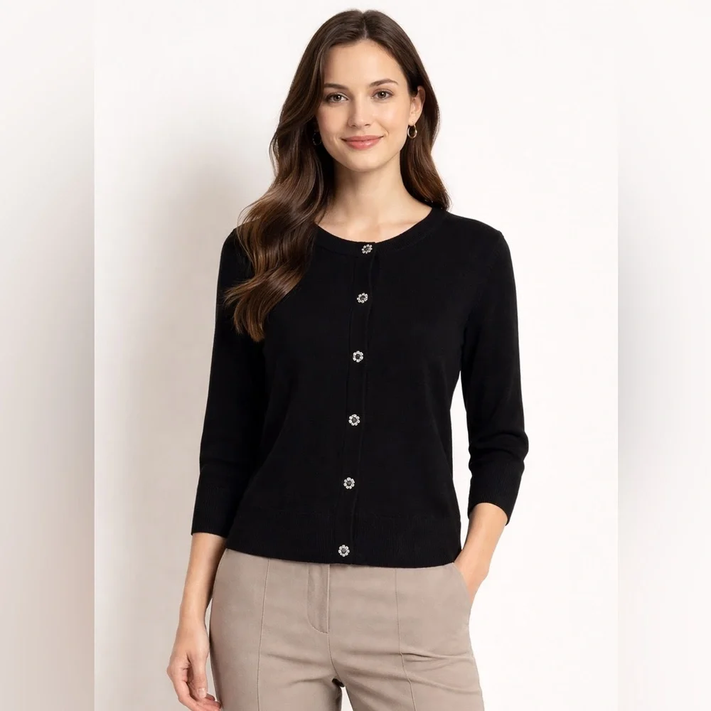 Kate Spade New York Black Wool Blend Cardigan Sweater Rhinestone Flower Buttons